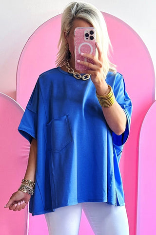 Blue Patched Pocket Exposed Seam Oversize Tee
