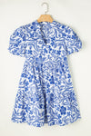 Blue Flower Print Puff Sleeve Tiered Dress