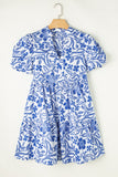 Blue Flower Print Puff Sleeve Tiered Dress