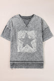 Philippine Gray Leopard Star Print Mineral Wash High Low Oversized Tee