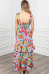 Multicolor Floral Print Shirred Backless Tiered Ruffled Maxi Dress