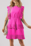 Bright Pink Pleated Layered Short Dress
