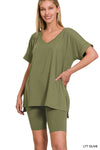 Lt Olive Brushed Microfiber V-Neck Top and Biker Shorts Set