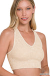 Sand Beige Washed Ribbed Seamless Racerback Tank with Bra Pad